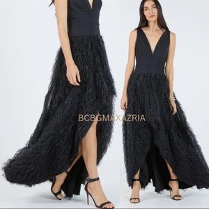 NWT BCBGMAXAZRIA Paloma Faux Feather Evening Gown Dress Black Size 0